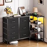 Coleshome Kommode mit Schubladen, Eck Kommode mit 7 Stoffschubladen - 2 USB- und 2 AC-Steckdosen und LED-Leuchten, Mit 3-lagigem Ablagetisch, Geeignet für Schlafzimmer- und Wohnzimmerecken, Schwarz