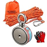 ULIBERMAGNET Super starke doppelseitige Angelmagnete, kombiniert 320 kg N52 mit Seil, Starter Starter-Set mit Neodym-Magneten, für Magnetangeln und Schatzsuche unter Wasser..