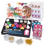 Kinderschminke Set 14 Farben Professionelle Schminkfarben Mädchen mit Pinsel Schablonen Glitzer Kinder Gesichtsfarben für Fasching Weihnachten Karneval