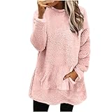 Keepink Damen-Pullover, langärmelig, Sherpa-Pullover, flauschiges Fleece, Sweatshirt, Taschen, übergroß, flauschig, Thermo-Pullover, Rundhalsausschnitt, langes Oberteil zum Tragen mit Leggings, Herbst