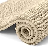 OLANLY Chenille Badematte rutschfest Badezimmerteppich Weich Badteppich Saugfähige Badvorleger Waschbar Duschvorleger für Badezimmer, 40 x 60 cm, Beige