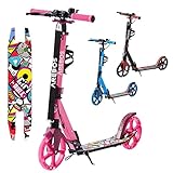 Arebos Cityroller Tretroller mit LED Pink | höhenverstellbar | klappbar | inkl. Tragegurt | Hand- & Trittbremse | für Kinder und Erwachsene | bis 100kg belastbar Roller | Kickroller | Kickscooter