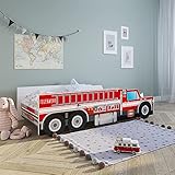 Kids Collective Autobett 70x140 cm Spielbett Kinderbett mit Rausfallschutz und Lattenrost 140 x 70 Feuerwehr Auto Bett Kinder Wagen