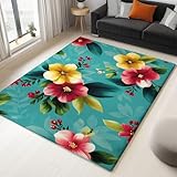 Generisch Blaugrün Waschbarer Teppich 180 x 240 cm, Retro Blumen Illustration Kurzflor Extra Weich Pflegeleicht Teppiche rutschfest Fusselfrei Läufer für Wohnzimmer Schlafzimmer Küche