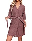 Ekouaer Bademäntel für Damen Waffelstrick Morgenmantel Lässig Robe Hochzeit weich leicht knielang Loungewear Rosiges Braun L