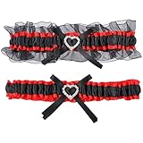 UKCOCO 2 Stück Pack Damen Brautstrumpfbänder mit Schleife und Imitationsdiamanten Spitzen Strumpfband Oberschenkelring in Rot Schwarz für Hochzeit und Party