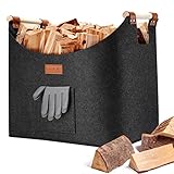 Ezilif Kaminholzkorb, Faltbar Holzkorb für Kaminholz Groß, Filztasche aus Extradickem Filz, Filzkorb für Feuer Kamin Brennholz, Kaminholztasche als Einkaufskorb Einkaufstasche 45 x 32 x 40 cm, Grau