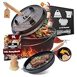 GUSSKÖNIG Dutch Oven Set - Eingebrannter Dutch Oven 9 Liter [6-10 Person]-Feuertopf Gusseisen mit Füßen-Schmortopf Doppelfunktion-2in1 Deckelheber, Bürste & DutchOven Rezeptbuch-30 Jahre Garantie