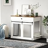 DAWNYIELD Hundekäfig Möbel, Möbel Stil Haustier Kiste mit Schiebetüren, Hölzerne Indoor-Hundezwinger Beistelltisch mit Schublade, Abschließbare Hundehütte mit 360 ° Drehbaren Hundenapf, Weiß