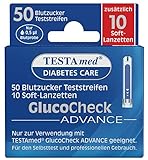 TESTAmed GlucoCheck Advance Blutzuckerteststreifen plus Soft-Lanzetten, 50 Blutzucker Teststreifen + 10 Soft-Lanzetten