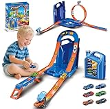 VATOS Spielzeug Autos Kraftstofftank Strecken für Kinder, 2-in-1 Modus Autorennbahn mit 6 Autos, Aufbewahrungs-Stuntbox Rennstrecken Spielzeug Geschenk für Jungen Alter 3 4 5 6 7 8