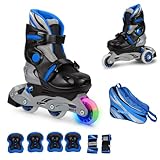 JAMBACH Kinder Inliner Set mit Protektoren verstellbar zum Rollschuh mit LED blau (M (34-37))