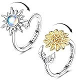 Adramata 2 Stück Silber Anxiety Ringe für Damen Sonnenblume Fidget Ring Achtsamkeitsring Angst Ring Mondstein Spinner Ringe Verstellbare Offene Anti Stress Ring für Damen