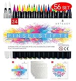 Arteasy® Pinselstifte, 56er Set 24 Stifte, 2 Wassertankstifte, 10 Aquarellpapier, 15 Mandalas, 5 Schablonen, Brush Pen Fasermaler, Aquarell Stifte Kalligraphie Set, Handlettering, Malstifte