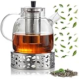 1.5L Teekanne mit Siebeinsatz und Deckel, Teekanne aus Glas Borosilikat, Glas Teebereiter mit Abnehmbare Siebeinsatz & Stövchen, Glasteekanne für Losen Tees Fruchttee Duftender Tee