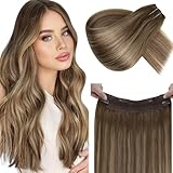 LaaVoo Extensions Echthaar mit Draht Balayage Braun Invisible Secret Wire Extensions Hellbraun Ombre Goldene Blondine Fish Line Haarverlängerungen Echthaar Extensions Ein Stück 30cm 80 Gramm #8/16/8