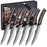 SYOKAMI Steakmesser Set 6 Teilig, 12,2cm Ugezahntes Steakmesser aus japanischem Edelstahl mit hohem Kohlenstoffgehalt und Holzgriff, Damastmuster, Full-Tang-Design, Rasiermesserscharfe Tafel