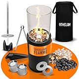 ATHELON® Ethanol Kamin [Outdoor & Indoor] - Bioethanol Standkamin mit Langer Brenndauer & verstellbaren Flammen - Feuersäule inkl. Abdeckhaube & 3 Deko-Steine-Sets [80,5x26,5 cm]