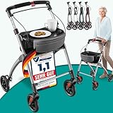 ELONEO Wohnungsrollator 54cm breit, faltbar und leicht, inkl. Tablett & Stoffkorb, Rollator schmal für die Wohnung, Indoor-Rollator, klappbar, Aluminium,Mobilität für Zuhause silber