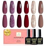 YSUVIN UV Nagellack, 6 Farben Burgunder Rot Braun Glitzer Lila Gold Winter Gel Nagellack Set Soak-off UV Gellack für Anfänger DIY Nail Art Maniküre Salon, Langlebig, 8 ML