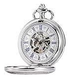 TREEWETO Taschenuhr mit Kette Herren Analog Handaufzug Antik Skelett Lupe Silber