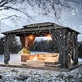 HOTEEL 3x3.65m Hardtop Pavillon Wasserdicht Stabil Winterfest, Gartenpavillon Metall mit Verzinkter Stahl Doppeldach, Alu-Rahmen, Schwer Entflammbare Vorhänge & Moskitonetz, Grau (Aktualisiert 2.0)