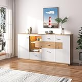 Rtopsu Sideboard Beistellschrank mit LED-Beleuchtung für Küche Wohnzimmer und Esszimmer, Buffetschrank Standschrank Küchenschrank mit 2 Türen und 4 Stauraum Schubladen, 160x40x77 cm, Weiß & Natur