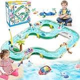 BuzzoXerex Wasserbahn, 2 in 1 Wassertisch Spielzeug, 71 PCS Strandspielzeug Wasserbahn Kinder Outdoor Set mit 2 Boote, 6 Tierfiguren, 2 Fischereimaschinen und 2 Angelruten für 3+ Jahr (2)