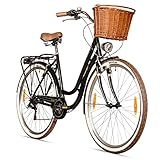 Bergsteiger Marseille 28 Zoll Damenfahrrad, ab 150 cm, Korb aus Rattan, Fahrrad-Licht, Damen-Citybike, Damenrad im Retro-Design«, 6 Gang Tourney Schaltung, Kettenschaltung