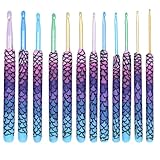 12-teiliges Häkelnadel-Set, ergonomische Häkelnadeln aus Aluminium mit weichem Griff, bunt markierte Größen für Anfänger, bequemer Griff zum Stricken von Decken, Hüten, Pullovern, (12