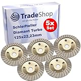 5x Trade-Shop Diamant Turbo Schleifteller Ø 125mm 22,23mm Bohrung für Beton Estrich Kalksandstein Mauerwerk Naturstein Fliesenkleber Marmor Granit Putz