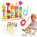 Perlen-Reihenfolge-Spielzeug-Set, Holz-Schnürperlen-Spielzeug - Lernpuzzles aus Holz, Farberkennungsspielzeug - Matching Shapes Stacker STEM Vorschul-Lernspielzeug für Kinder im Alter von 3–6 Jahren