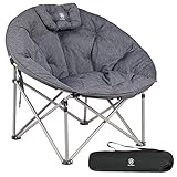 EVER ADVANCED Luxus Campingstuhl Faltbar Moonchair XXL 150KG Rund Klappstuhl Dick Gepolstert, Übergroßer Faltsessel Hohe Rückenlehne mit Kissen, Extra Breit für Outdoor Garten Balkon Indoor, Grau