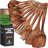 Holz Kochbesteck-Set, flacher Bratwender Wokwender Pfannenwender Spaghetti-Zange Servierlöffel Rührlöffel Suppenschöpflöffel Schaumlöffel Gewürz-/Öllöffel Salatgabel – 10-teiliges-Set