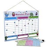 ewtshop® Monster Belohnungstafel, magnetisch, Wochenplaner mit Monster-Magneten für bis zu DREI Kinder, 40 x 30 cm