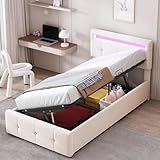 ECLIVON Kinderbett Polsterbett 90x200 mit LED-Streifen, Hydraulisch Stauraumbett mit Stauraum, Einzelbett mit Kopfteil, Bett Bettgestell mit Lattenrost aus Holz für Kinder, Ohne Matratze, Samt (Beige)