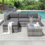 Laxnb Poly Rattan Gartenmöbel Set Garten Lounge Möbel Sofagarnitur, Ecksofa mit Tisch, Balkonmöbel, Outdoor Terrasse Patio Garten Möbel, Sitzgarnitur mit Kissen, Couchtisch mit Glasplatte (Grau)
