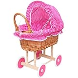 FORYOURPROTECTION Puppenwagen aus Weide Holz Weidenwagen Kinderwagen Weidenpuppenwagen Verschieden Motive (ROSA | mit Punkten)