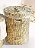 Dekoleidenschaft großer Wäschekorb aus Seegras, Ø 47 x 55 cm, mit Deckel und herausnehmbarer Textileinlage in Ceme, Natur-Design, Wäschesammler, Wäschetonne, Schmutzwäsche-Behälter