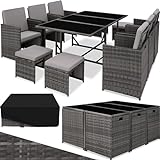 tectake® Outdoor Balkon Gartenmöbel Set, Lounge mit 6 Stühlen, 4 Hocker, 1 Tisch und Schutzhülle, Poly Rattan Geflecht, wetterfest, platzsparend - grau