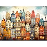 MISITU Klassische Puzzle 1000 Teile für Erwachsene Kunst Puzzles 1000 Farbiges Haus Puzzle für Kinder ab 14 Jahren