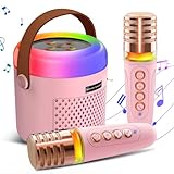 Gindoly Karaoke Maschine Kinder & Erwachsene, Bluetooth Mini Karaoke Set mit 2 Mikrofonen, Tragbare KaraokeMaschine mit LED-Licht & Sprachveränderungseffekten,Jungen Mädchen Geschenke Spielzeug-Rosa