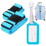 kofferband - koffergurte 2 stück - koffergürtel Blau Premium-Qualität - kofferband auffällig + Inkl. 2 Namensschildern - Gepäckband ideal über Kreuz