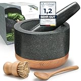 Diemker Premium Granit Mörser mit Stößel, Ø 14 cm, abnehmbarer Holzfuß, Holzlöffel und Reinigungsbürste im Set – Gewürzmörser, Groß, Moerser, Stein Moerser, Grillzubehör, Mortar, Pestle, Pesto, Nüsse