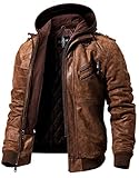 FLAVOR Echtes Lederjacke Herren Abnehmbarer Hoodie (3XL, Braun)