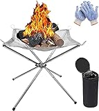 KAHEIGN Tragbare Feuerstelle für Außen, 42cm Faltbare Edelstahlgeflecht Feuerstelle Grill-Feuerschale mit hitzebeständigen Handschuhen Tragetasche für Camping Picknick Lagerfeuer Terrasse Garte