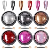 6 Farben Cromepulver Nägel Set - Metallic Chrome Powder mit Spiegeleffekt - Holographisch Laser Nagelpuder - Hochwertiges Chrome Nail Powder mit Silber, Schwarz, Gold, Rot, Hot Pink, Rosa