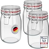 WELLGRO 3x Einmachgläser mit Bügelverschluss rund 1140ml, Fermentierglas, Vorratsgläser mit Deckel - Gläser mit Deckel Made in Germany