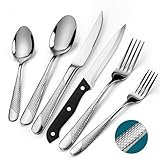 60 TLG Bestecksets, Edelstahl Besteckset für 10 Personen mit Steakmesser, Silber Premium Gehämmertes Essbesteck Set mit Gabeln Messer Löffel für Heim Restaurant