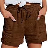 Musselin Hose Damens Kurze Leichte Sommerhose Damen Kurz Shorts Damen Sommer Musselin Leinen Kurze Hose Baggy Beach Short Mit Taschen Elastische Taille Stretchy Gerades Bermuda Lässige Freizeit